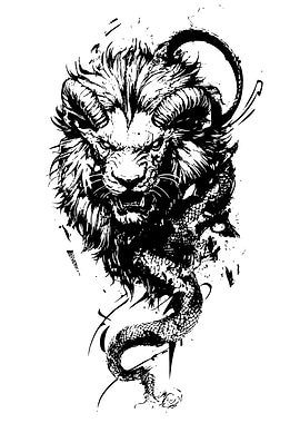 Lion and Snake Black Ink Illustration