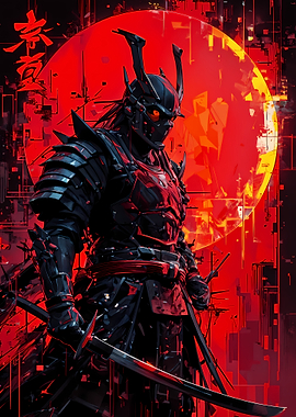 Cyberpunk Samurai with Red Moon