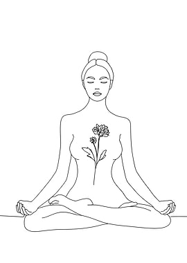 Meditating Woman with Flower Minimalist Line Art