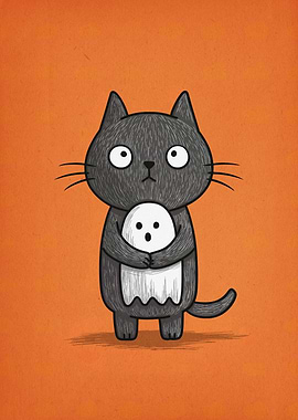 Black Cat Holding Ghost Illustration