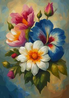Floral Painting with Pink, Blue, White Flowers