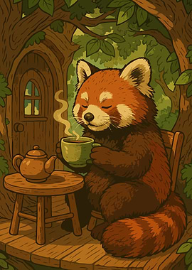 Red Panda Tea Time Illustration