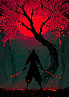 Ninja Silhouette Under Red Moon