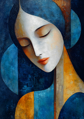 Abstract Woman Portrait in Blue and Gold