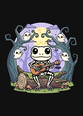 Frog Skeleton Playing Ukulele with Ghosts