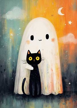 Cute Ghost and Black Cat Illustration