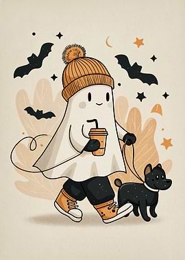 Cute Ghost Walking Dog Illustration