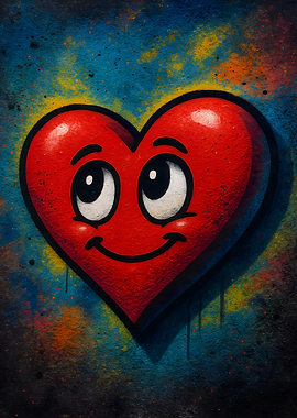 Cartoon Heart with Face on Graffiti Wall