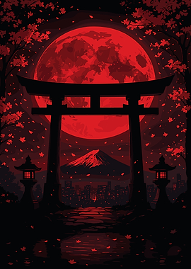 Japanese Torii Gate with Red Moon