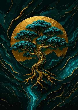 Golden Tree with Teal Leaves