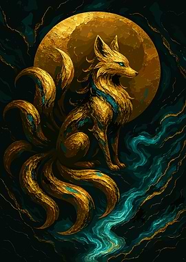 Golden Nine-Tailed Fox Digital Art