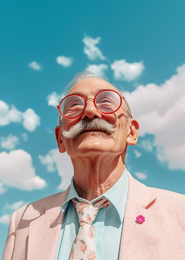 Man with mustache looking up at sky
