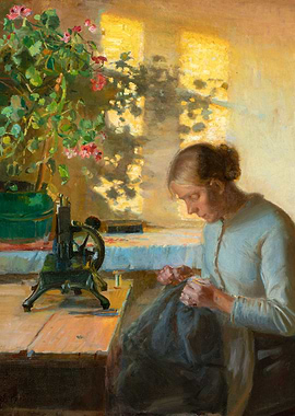 Woman Sewing by Window, Painting