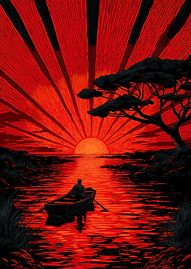 Red Sunset Rowboat Silhouette