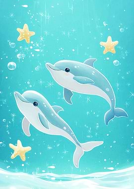 Two Dolphins Swimming Sea