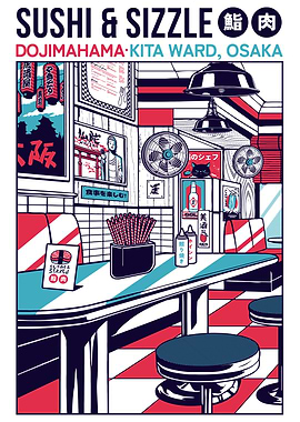 Sushi & Sizzle Restaurant Interior Illustration