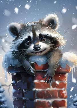 Raccoon in Chimney Winter Scene