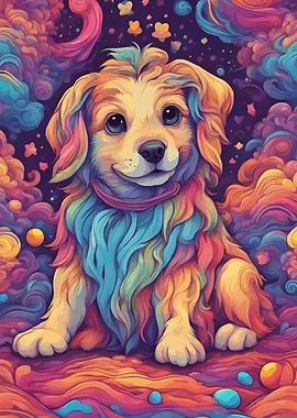 Colorful Puppy in Dreamy Landscape