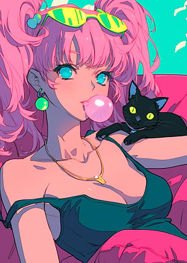 Anime Girl with Cat and Bubblegum
