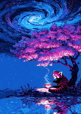 Red Panda Drinking Tea under a Galaxy Sky