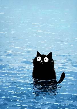 Black Cat Swimming in Blue Water