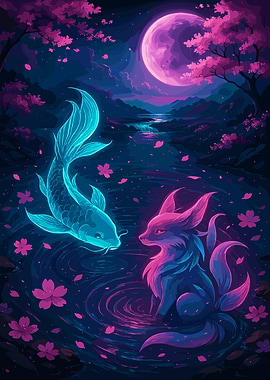 Koi Fish and Fox in Moonlight