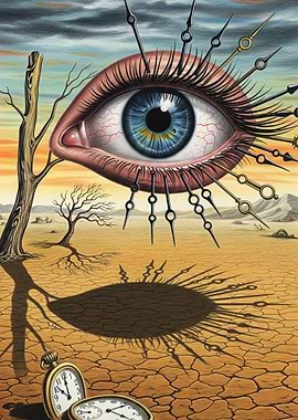 Surreal Eye with Clock Hands in Desert