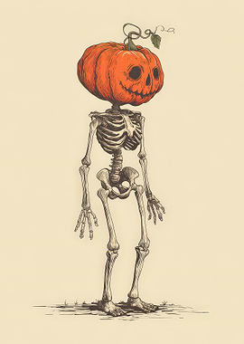 Pumpkin Head Halloween Skeleton