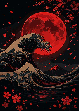 Red Moon Wave Japanese Art