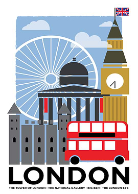 London Travel Poster with Landmarks