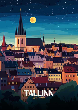 Tallinn, Estonia Cityscape at Night