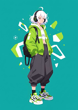 Anime Girl with Headphones and Backpack