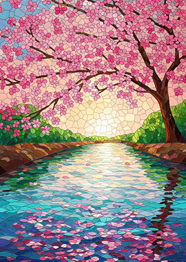 Stained Glass Cherry Blossom River Scene