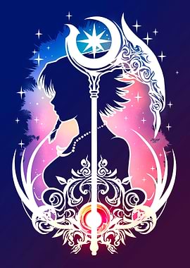 Anime Girl Silhouette with Moon Staff