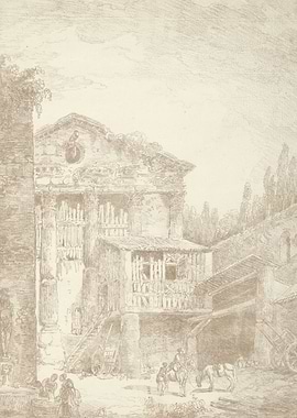Antique Building Sketch with Figures