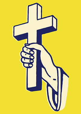 Hand Holding Cross on Yellow Background
