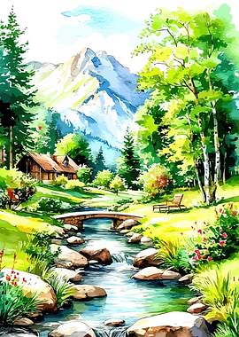Watercolor Mountain Landscape with River