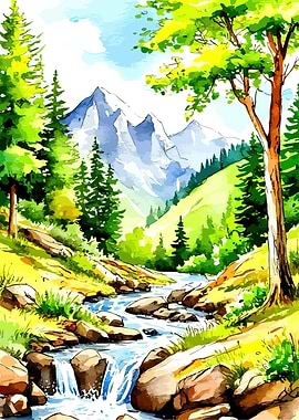 Watercolor Mountain Landscape with River