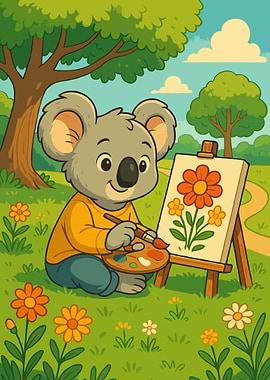Koala Bear Painting Flowers Cartoon