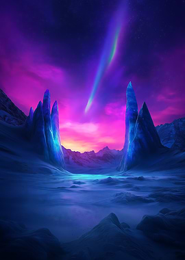 A breathtaking view of a glowing aurora sky over an alien landscape