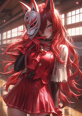 Anime Girl with Kitsune Mask