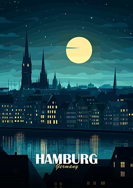 Hamburg Germany Night Skyline Illustration
