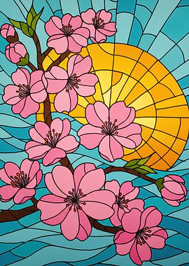 Cherry Blossoms Stained Glass Style Art