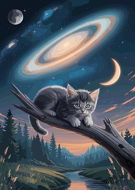 Kitten on Branch Under Galaxy