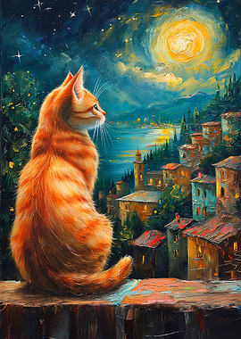 Cat gazing at a moonlit village
