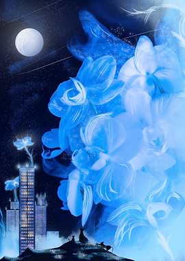 Blue Floral Cityscape with Cats