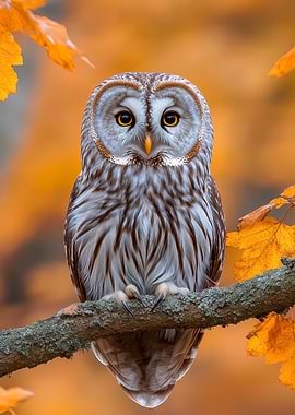 Owl Perched on Branch in Autumn