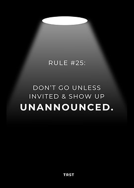 Rule #25: Don’t Go Unless Invited & Show Up Unannounced – Minimalist Black Motivational Spotlight Poster