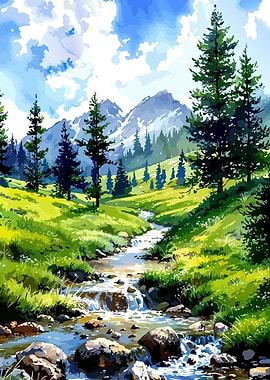 Mountain Stream Watercolor Landscape