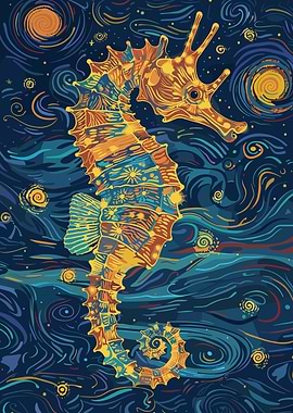 Seahorse in Starry Night Style